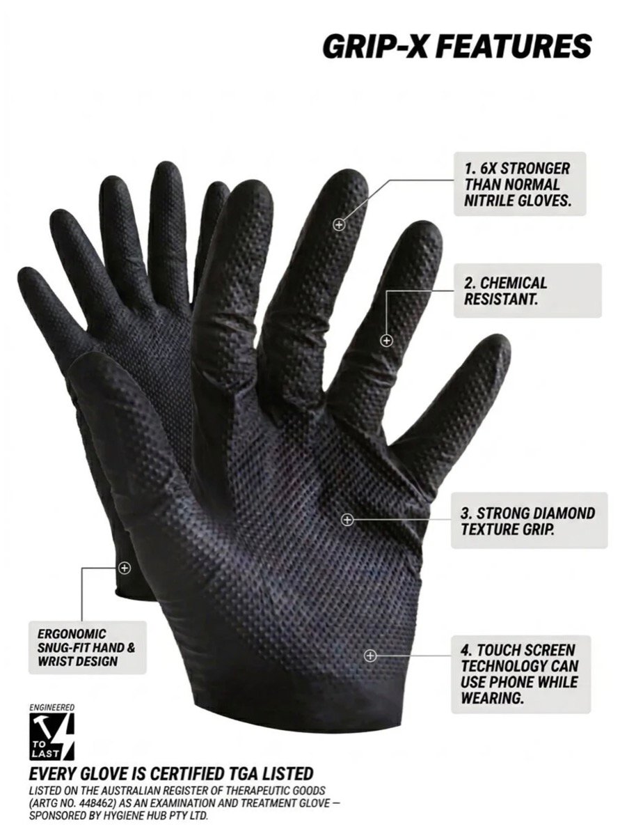Grip-X features diagram: 1. six times stronger than normal nitrile gloves, 2. chemical resistant, 3. strong diamond texture grip, 4. touchscreen technology, plus ergonomic snug-fit hand and wrist design. Every glove is certified TGA listed.