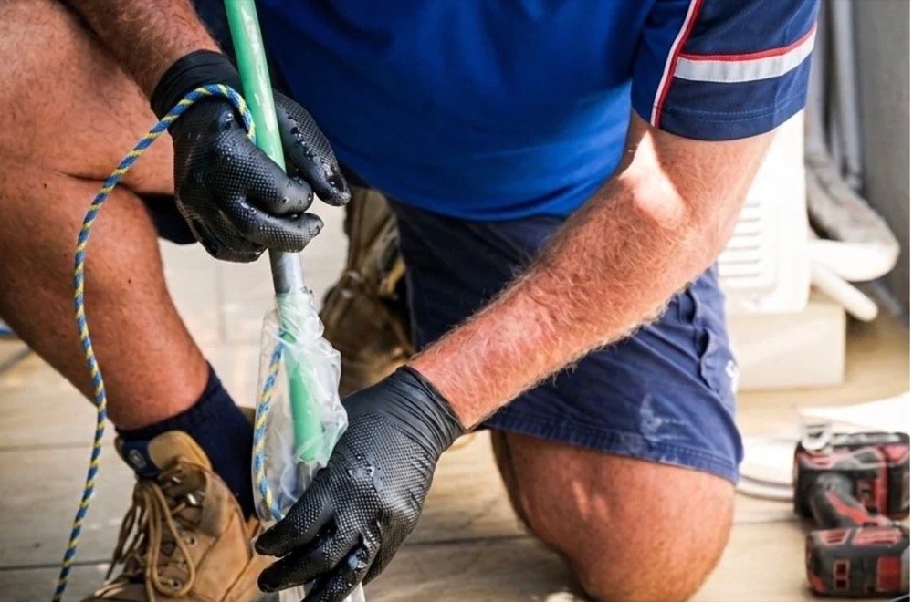 Plumber in gloves clearing a drain with a cable